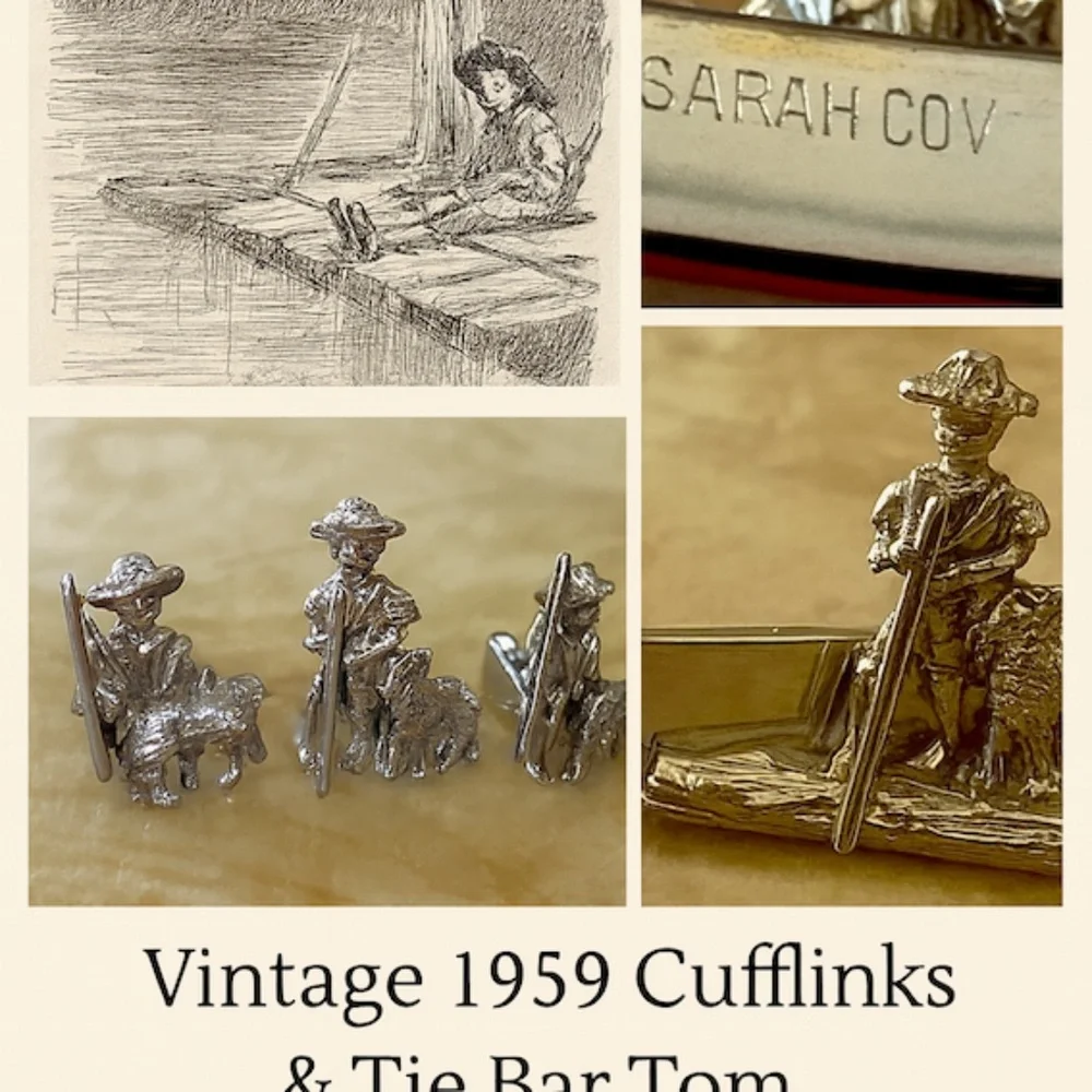 Vintage 1959 Cufflinks & Tie Bar Tom Sawyer No 5931 signed  Sarah Coventry